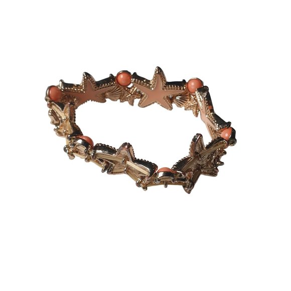 Starfish Stretch Bracelet 8" Fashion Costume Peach Orange Gold Tone Beach Ocean - Picture 5 of 6